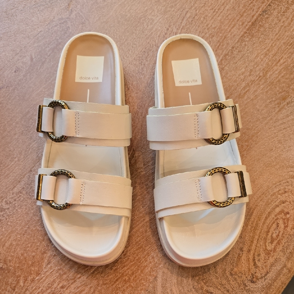 Dolce Vita SOYA Cream Slides with Gold Accents